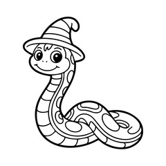 Fototapeta premium A cartoon snake wearing a wizard hat, smiling and coiling on a white background.