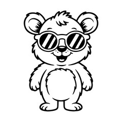 Obraz premium A cheerful cartoon bear cub, wearing stylish sunglasses, stands happily.