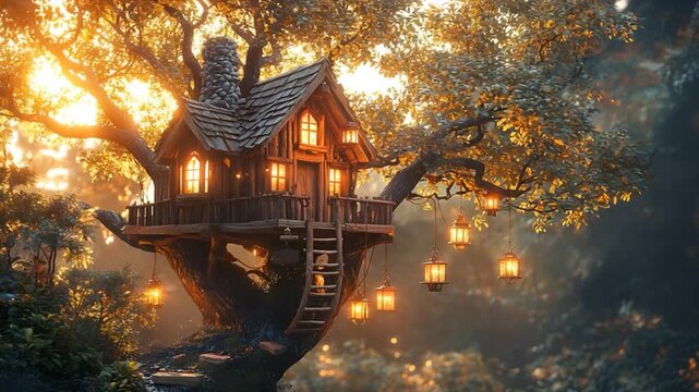 Enchanting treehouse nestled in a majestic old tree, illuminated by warm golden light. The scene evokes a sense of wonder and tranquility.