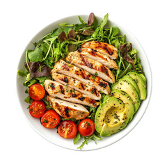 Top view healthy food, Grilled chicken and avocado salad, isolate on white background.