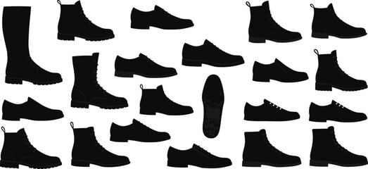 Silhouette collection of black boots and shoes, casual and formal footwear set, stylish design icons, vector illustration for fashion