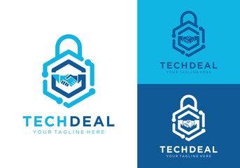 tech deal deal shield logo, technology security deal logo template with handshake and security shield illustration	