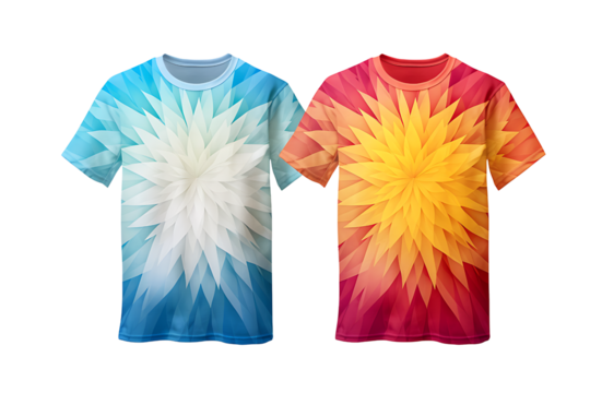 Colorful floral abstract design printed mens t-shirts in blue and orange gradient symmetrical flower art pattern front view mockup isolated on transparent background