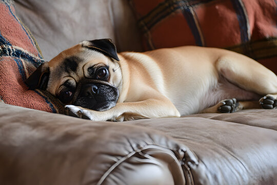 a pug dog laying on a couch with his head on the pillow