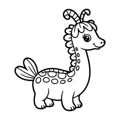 Adorable cartoon dinosaur, black and white, coloring page, friendly creature, whimsical design.