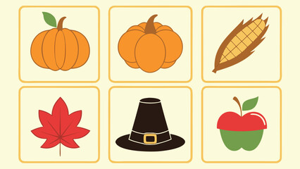 Thanksgiving harvest symbols and pilgrim hat pumpkin