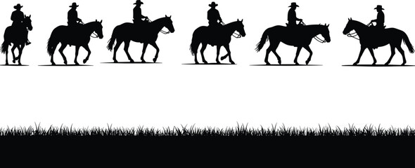 Silhouette cowboy riding horse, western ranch rider illustration, horseman clipart, man on horseback vector, grass field graphic shadow