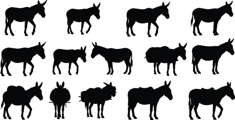 Silhouette donkey collection, mule vector set, pack animal graphic, rural donkey clipart, black farm livestock, cargo donkey illustrations
