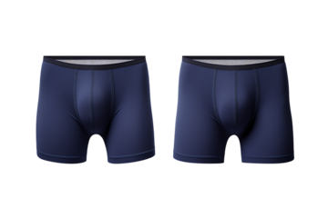 Men's navy boxer briefs front and back view seamless stretch design athletic fit comfort elastic band innerwear fashion clothing mockup isolated on transparent background
