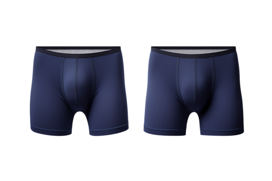 Men's navy boxer briefs front and back view seamless stretch design athletic fit comfort elastic band innerwear fashion clothing mockup isolated on transparent background