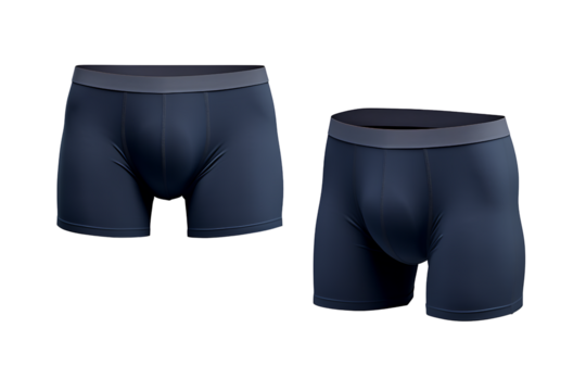 Dark navy men's boxer briefs modern athletic fit front and side view breathable elastic waistband seamless comfort design mockup isolated on transparent background