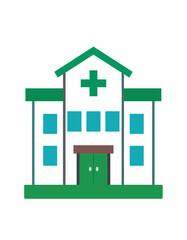 Simple illustration of a green and white hospital building.
