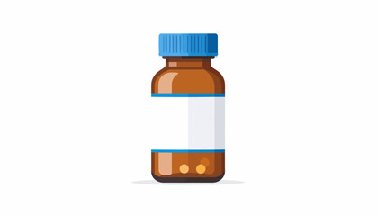 Illustration of a brown medicine bottle with a blue cap and a blank white label, containing small round pills.