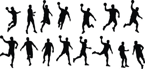 Silhouettes of male handball players in action, throwing ball, jumping, and running, sports vector set for design and illustration