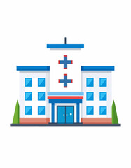 A flat illustration of a modern hospital building with blue and red accents.