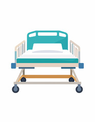 Teal hospital bed with white linens, ready for a patient, on wheels.