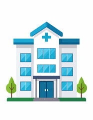 Flat design illustration of a modern hospital building with multiple floors and windows.