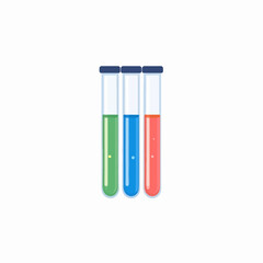 Three test tubes filled with colorful liquids, standing upright against a white background.