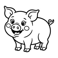 Fototapeta premium A cartoon pig illustration, outlined in black and white, smiling with rosy cheeks and a curly tail.
