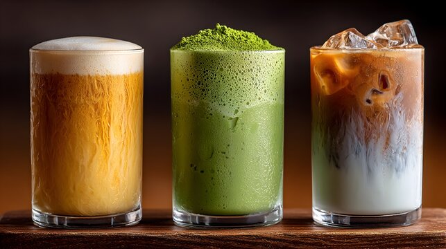 Three refreshing iced beverages: a golden latte, a green matcha drink, and a classic iced coffee brew.