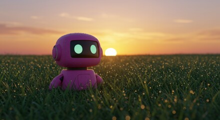 Pink Robot Contemplating a Dewy Sunrise in a Grassy Field of Imagination