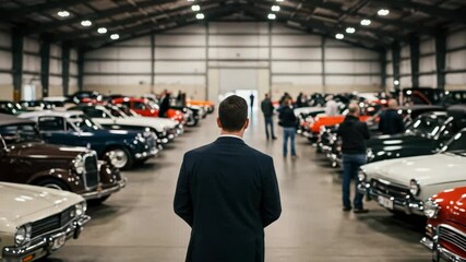 Rear view of a businessman admiring a large collection of classic cars. Male collector inspecting vintage automobiles at an indoor car show or auction. - Powered by Adobe