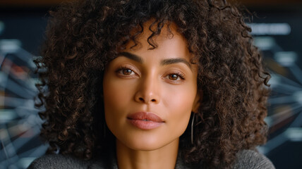 Fototapeta premium A confident woman with curly dark hair looks forward