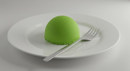 Elegant Presentation: Single Green Sphere Dessert on White Plate with Silver Fork