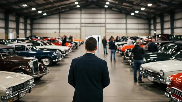Rear view of a businessman admiring a large collection of classic cars. Male collector inspecting vintage automobiles at an indoor car show or auction.
