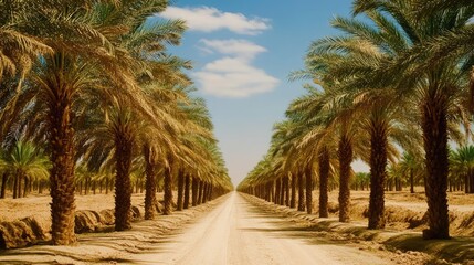 Palm trees line a dirt road