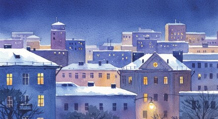 Watercolor city panorama under a blue winter night sky with a gentle snowfall
