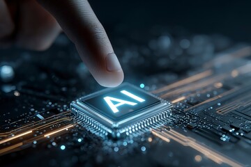 Finger touching glowing AI microchip on circuit board in dark setting symbolizing artificial intelligence, human–machine interaction, and advanced technology