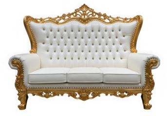 Luxury white and gold throne sofa isolated on transparent background