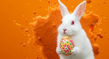 Festive White Rabbit Holding Decorated Easter Egg against Vivid Orange Backdrop