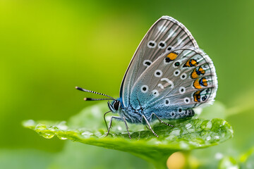 Obraz premium a butterfly sitting on a leaf with water droplets