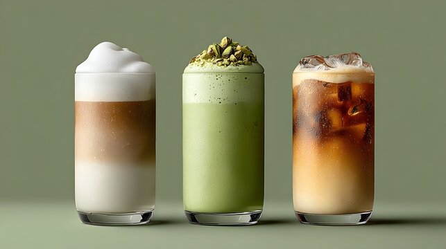 Three refreshing iced drinks, including latte, matcha, and coffee, displayed in glasses on a green backdrop.