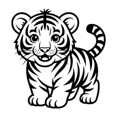 Fototapeta premium A cute cartoon tiger cub stands with a happy expression, depicted in black and white.