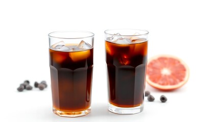Cold brewed coffee in a glass tumbler, dark amber tone, ice cubes, on white background, premium drink advertisement
