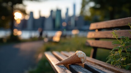 Artistic Shot of Abandoned Melting Ice Cream Cone on Bench