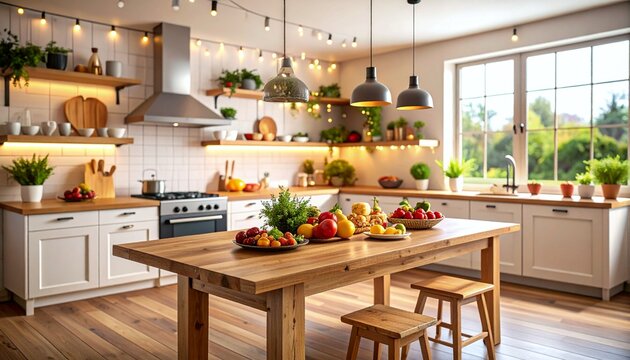 Cozy kitchen with string lights, fresh produce, and wood accents