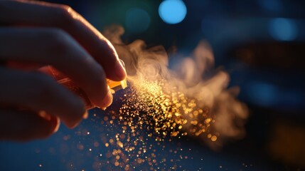 Close-up of Fingers Pressing Nozzle Releasing Golden Mist Effect
