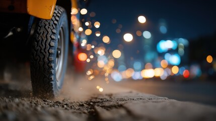 Close-Up View of an Autorickshaw Tire on a Busy Urban Street at Night
