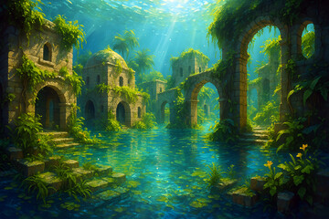 Dilapidated underwater stone ruins with moss. Ai