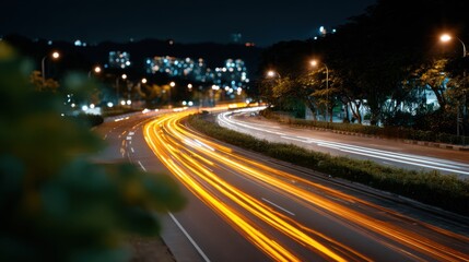 Lower Angle View of City Highway at Night with Light Trails