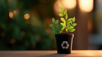 Minimalist Black Recycling Bin with Green Plant Growing Inside