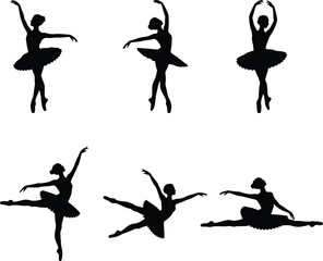 Collection of black silhouettes showing a graceful ballerina in various classical ballet dance poses. 