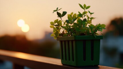 Green Recycling Bin Shaped Planter with Natural Foliage at Sunset