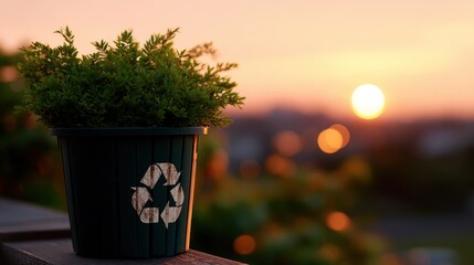 Natural Foliage in Recycling Container Against Sunset Background