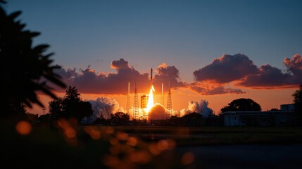 Powerful Rocket Launch at Sunset with Flames Erupting from Engines