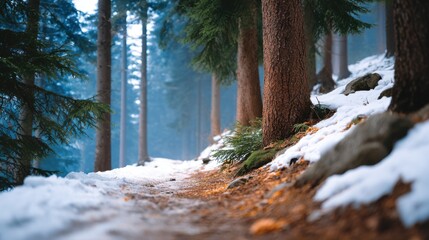 Serene Winter Landscape of a Snowy Forest Trail in Calm Atmosphere